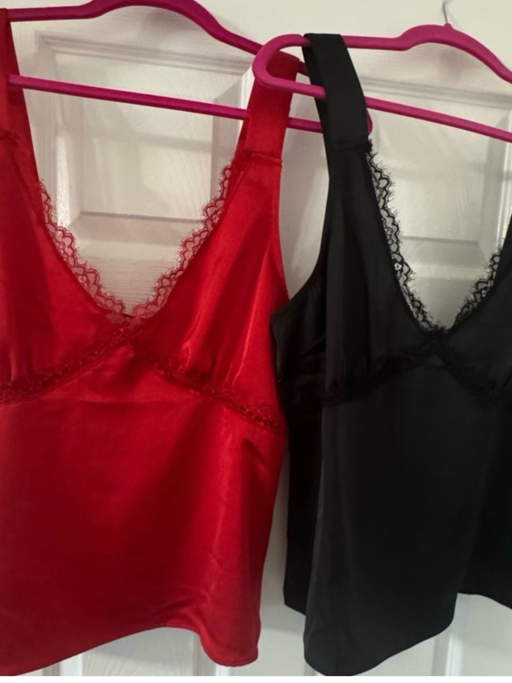JustFab Satin Lace Trim Camisoles - Red and Black